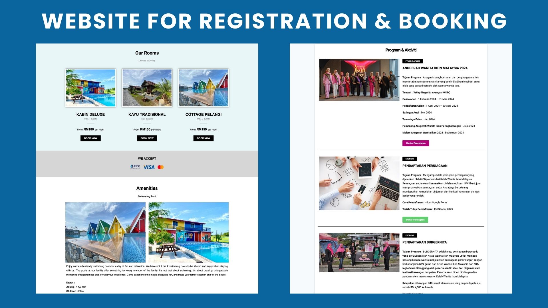 Streamlined pages for booking appointments/services or registering for events.